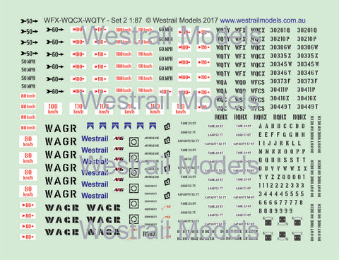 Set of 3 WFX/WQCX/WQTY Container Flat Car Decals - Water Slide Transfers - Set 2 - HO scale - (Also WSP/WFCS/WQC/WQO/WQA/RQHX)