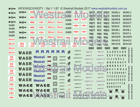 Set of 3 WFX/WQCX/WQTY Container Flat Car Decals - Water Slide Transfers - Set 1 - HO scale - (Also WQC/WQO/WQA/RQHX)